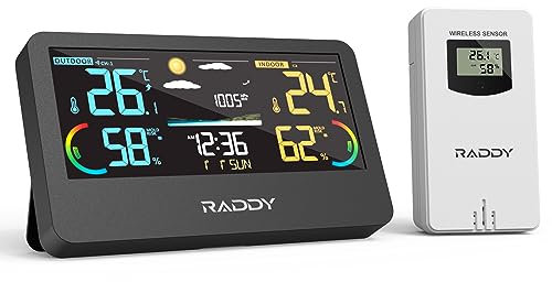 Raddy WF-55C PRO - Stazione meteo radio con sensore esterno, display a colori, per interni ed esterni, con termometro igrometro per la casa