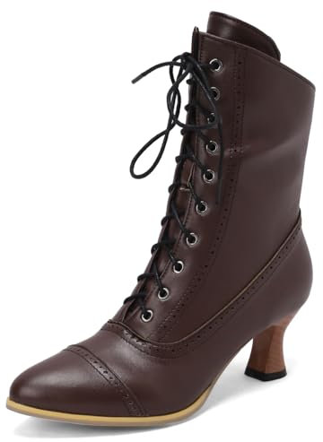 Womens Clásico Cordones Calf Length Victorian Botas Cuero Tacón Luis XV Steampunk Gótico Botas para mujer Niñas Señoras Marrón Numero 41