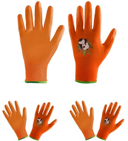 HANDLANDY 3 Pairs Kids Gardening Gloves for Age 2-13, Rubber Coated Toddler Garden Gloves for Childrens Little Girls Boys Youth (Orange, Size 5, Age 8-10)