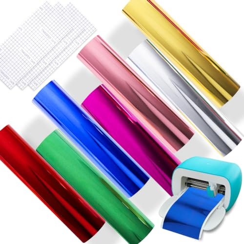 Zinueen Smart Vinyl Permanent für Cricut Joy 7 Stück Smart Metallic Vinyl Spiegeleffekt mit 3 Transferfolie, Plotterfolie Selbstklebend Plotter Set für DIY Tassen, Autos, Banner, Dekoration 14x30.5cm