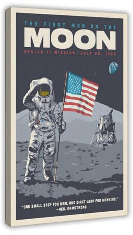 Jdekaec Vintage-Reiseposter NASA 1969, Erster Mann auf dem Mond, Leinwand-Poster, Schlafzimmer-Dekor, Sportlandschaft, Büro, Raumdekoration, Geschenk, Rahmen-Stil, 60 x 90 cm