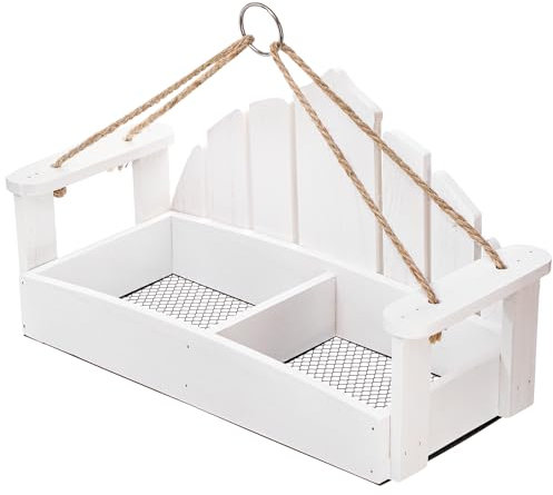 DEAYOU Swing Bird Feeder for Outside, Wooden Hanging Wild Bird Feeding Bench, Hollow Metal Mesh Seed Tray Squirrel Feeder for Garden, Yard, Porch, Decoration, White