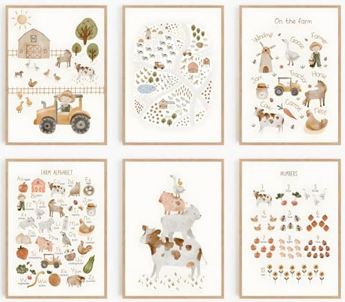 6 Stück Bauernhof Kinderzimmer Leinwand Wanddekoration Einfaches Alphabet Niedliche Tiere Bilder Drucke Poster für Bauernhaus Kinderzimmer Mädchen Jungen Heimdekoration (20,3 x 25,4 cm, 6 Stück