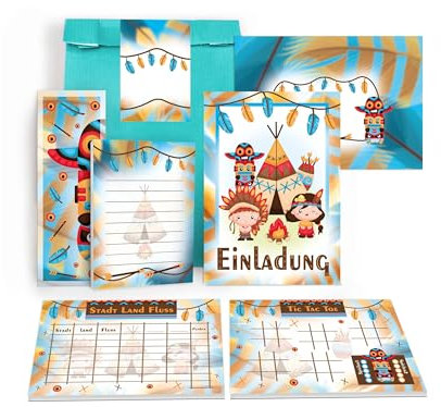 6 Einladungskarten zum Kindergeburtstag Geburtstag Kinder Jungs Mitgebsel inkl. 6 Umschläge, 6 Tüten, 6 Aufkleber, 6 Lesezeichen, 6 Blöcke, 6 Stadt-Land-Fluss, 6 Tic Tac Toe Indianer Indianerdorf