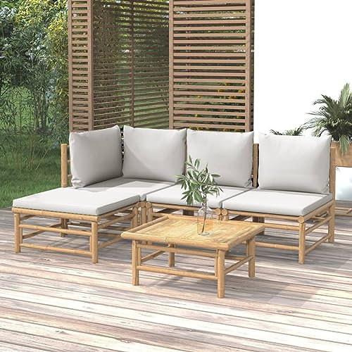 Faroom Gartenlounge Set Bambus Lounge Gartenmöbel Set Loungemöbel Set Bambus Balkon Lounge Sofa Outdoor Balkonmöbel Kleiner Gartengarnitur Sofagarnitur Hellgrau 5-TLG-Type-90