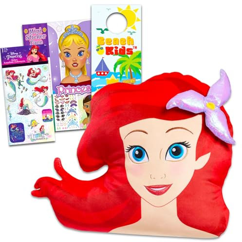 Disney Cuscino da viaggio per bambini a forma di sirenetta, con cuscino Ariel da 30,5 cm e adesivi, altro ancora, set di accessori da viaggio per ragazze