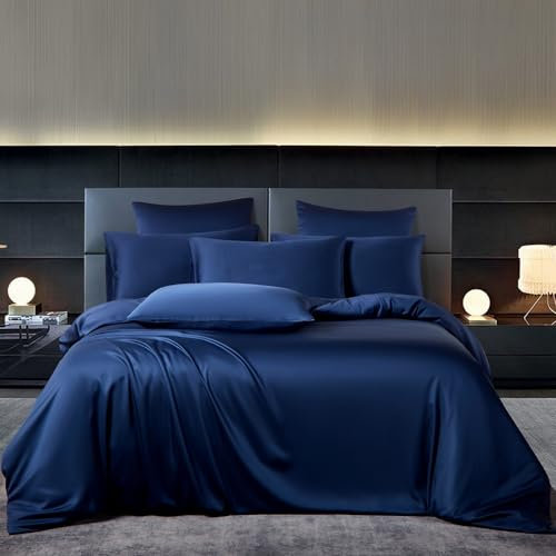 YASMENG Bambus Bettwäsche 200x220 Blau Uni Einfarbig 50% Bambus Lyocell Bettwäsche Kühlend Weich Atmungsaktiv Luxus Seidig Seide Bettbezug Set 3 Teilig mit Reißverschluss und 2 Kissenbezüge 80x80 cm