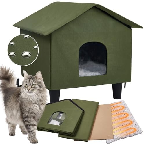 Papettly Outdoor Cat House with Self-Heating Mat, Elevated Base Heated Cat Shelter with 2 Escape Doors, 46 * 41 * 45cm