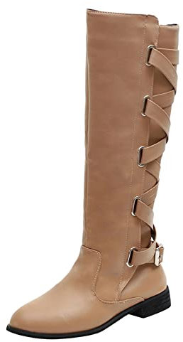 Stivali alti al ginocchio da donna con tacco basso e piatto, stile militare, da combattimento, invernali, con lacci, comodi in memory foam, stivali lunghi antiscivolo al ginocchio, scarpe leggere e