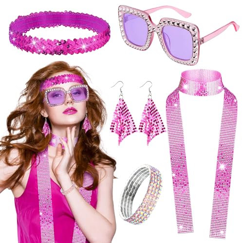 CIYIN 5 Stück Disco Accessoires Damen, 70er Jahre Kostüm Damen Disco Glitzer mit Pailletten Ohrringe Stirnband Armband Halskette Sonnenbrille, 70er 80er Jahre Outfit Damen für Fasching Karneval