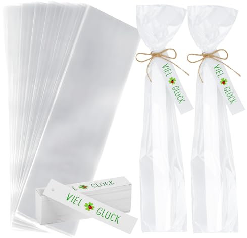 BOFUNX 100pcs Silvester Kerzentüten Cellophantüten und 100pcs Viel Glück Geschenkanhänger mit 10M Juteschnur für Silvester Neujahr Geschenk