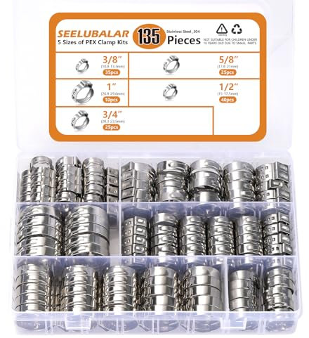 135 PCS PEX Crimp Rings Assortment,304 Stainless Steel Pex Clamps 3/8,1/2,3/4,5/8,1 Single Ear Hose Clamps,Pex Cinch Clamps for Pex Fittings Pipe Tubing