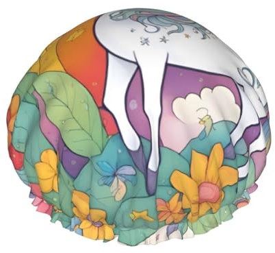 Gorro de ducha con estampado completo de unicornios de dibujos animados para mujeres y hombres, reutilizable, doble capa, impermeable, duradero, transpirable