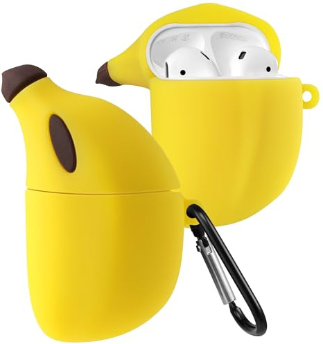 Boaretiu Schutzhülle für AirPods 2/1 – niedliche Kawaii-Banane mit Schlüsselanhänger für AirPods, lustig, 3D, weiches Silikon, lustig, cool für Mädchen, Frauen, Teenager, Jungen, für Airpods 2. und 1
