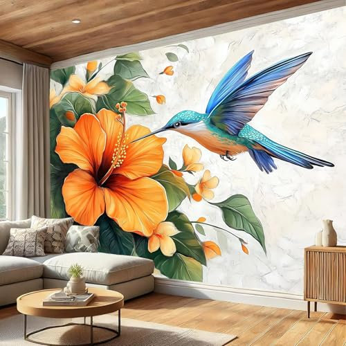 JSCWDET Papier Peint Panoramique 3D Soie,350×256 CM (W×H),Hibiscus orange,colibri bleu,Grande Mural,pour Salon, Chambre d'enfant,Chambre Décoration Poster Papier Peint
