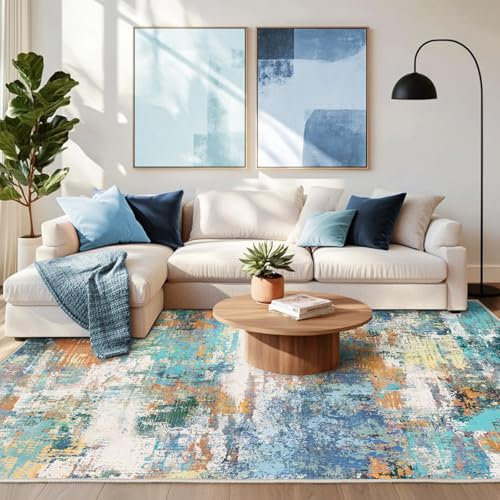 Chicnix Teppich Wohnzimmer Kurzflor, Schlafzimmerteppich Waschbar rutschfest Weich, Moderner Abstraktem Teppich 140x200 für Schlafzimmer Kinderzimmer Büro Esszimmer, Blau Grün Orange