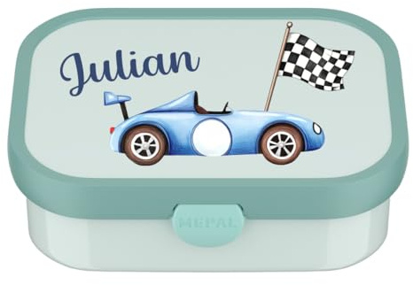 Mepal Bento Brotdose Campus personalisiert, Lunch Box Kinder mit Fächern, Brotzeitdose mit Name bunter Aufdruck Rennauto (mint)