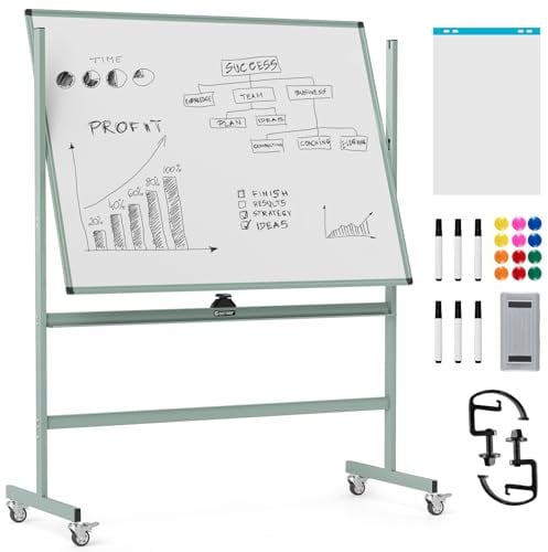 COSTWAY Doppelseitiges mobiles Whiteboard, 120 x 90 cm, höhenverstellbares magnetisches Whiteboard mit Rädern & Ständer, rollende Weißtafel inkl. Zubehör für Klassenzimmer Büro Hause