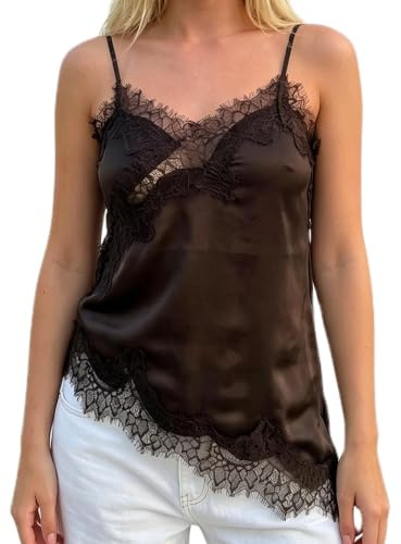 Betrodi Women Silk Satin Lace Trim Camisole Y2k Asymmetrical Tank Top | Coquette V Neck Spaghetti Strap Flowy Vest Top Trendy Stylish Lace Patchwork Cami Tops Summer Casual Going Out Top Streetwear