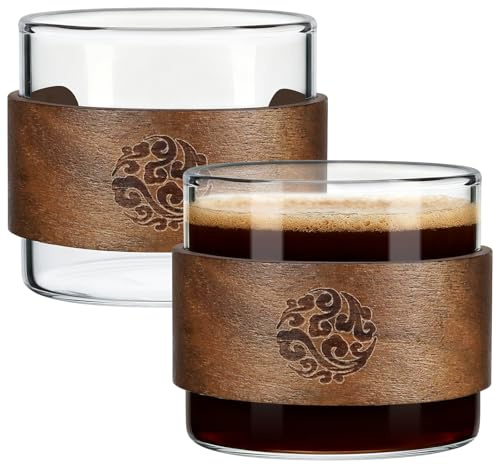 Hioph Espresso Cups 150ML, Set of 2, Espresso Cup, Small Glass Coffee Cup | Clear Glass Cup for Coffee Tea Milk Juice Ice Cream, Wooden Ring, Durable, Heat Resistant