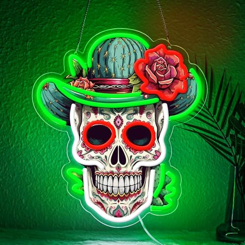 Lxmoneon Letrero de neón Día de los Muertos, calavera mexicana de azúcar LED para hogar y bar, luz de pared de arte impreso en UV, letrero de neón de calavera USB para fiesta de Halloween (verde)