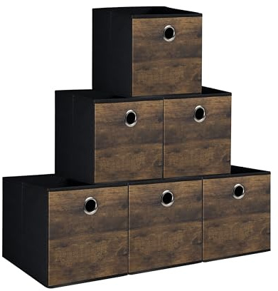 Folzaelar 6-Pack Durable Cube Storage Bin with Decorative Wood Grain,Thickened Fabric Storage Basket Space-saving Cubby Boxes for Shelves,Closet,Bedroom,Office,Nursery,Dorm,RV,30x30x30cm (Medium)