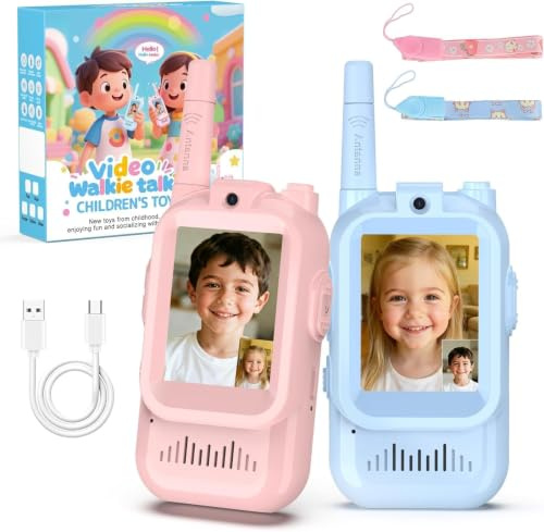 Video Walkie Talkies for Kids, Handheld 2 Pack Rechargeable Video Intercom Kids Walkies Talkies, Indoor Outdoor Toys for Family Games, Outside, Camping, Hiking for Boys Girls Ages 3-12 (Blue+Pink)