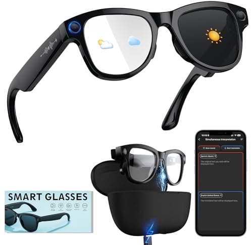 QDOJC Ki Brille mit Ladecase, Smart Brille mit Kamera 8 MP HD Kamerabrille Videobrille Bluetooth Übersetzungsbrille Intelligente Brille mit Photochromen Gläsern, Touch-Steuerung, Sprachassistent