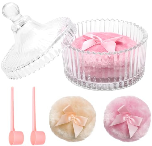 Bafutayawa Puderdose con piumino set in vetro piumino per cipria corpo grande contenitore cipria con 2 piumini e cucchiaio morbido e soffice per donne rosa beige