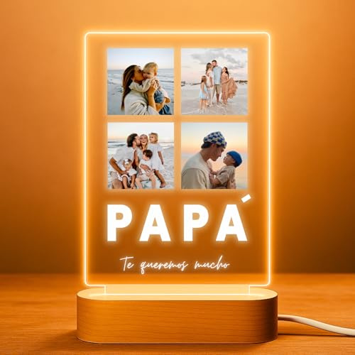 Cristal Plaque - Lámpara Personalizada PAPÁ con 4 Fotos y Mensaje | Placa Metacrilato LED Vertical con Nombres | Regalo Original Día del Padre, Cumpleaños y San Valentín | Luz Decorativa USB