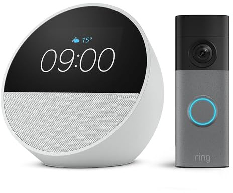 Amazon Echo Spot (neueste generation), Weiß + Ring Akku-Videotürklingel (Battery Video Doorbell) (neueste Gen.), Gesprenkeltes Grau