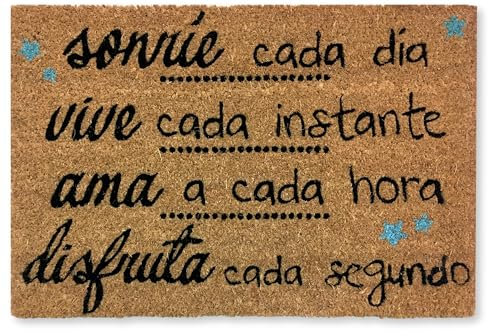 koko doormats Felpudo Entrada casa | Felpudo Original de Coco Natural “Sonríe. Vive, Ama” | Alfombra de Entrada Antideslizante para Exterior e Interior | 60x40 cm | Diseño Frase | Base PVC Segura