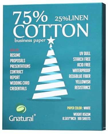 75% Baumwolle 25% Leinenpapier, 85 g/m², Laserdruckpapier, A4-Format, Weiß, 100 Blatt wasserfestes Baumwollpapier