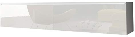 Mirjan24 TV Lowboard Stone, TV Schrank, Fernsehschrank, Grifflose Öffnen, Hängeschrank Hochglanz Matt Wohnwand (Weiß/Weiß Hochglanz, Modell: 140 / mit weißer LED Beleuchtung)