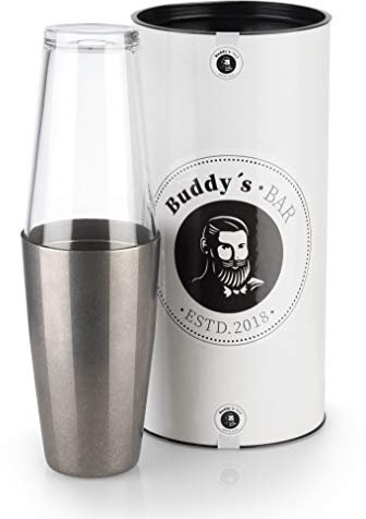 Buddy´s Bar - Boston Shaker, tasse 700 ml + verre 400 ml, sans danger pour les aliments, shaker à cocktail noble, boîte cadeau incluse, acier inoxydable antique