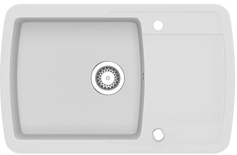 vidaXL Fregadero de Cocina de Granito con un Seno Lavabo Cocina Fontanería Piezas de Fontanería y Bricolaje Resistente Pileta Escurreplatos Blanco