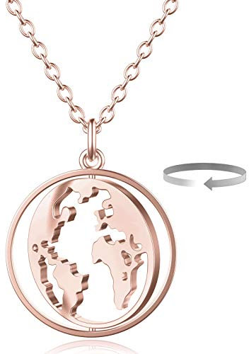 BONNYBIRD® Kette Weltkugel Rosegold Damen Edelstahl Weltkarten Halskette Globus mit Rotierbarem Welt Anhänger Urlaub Must Haves Reisende Wanderer World Map Erde Frauen Wasserfest Schmuck Goldkette