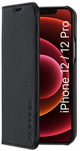 KANVASA Custodia iPhone 12 / iPhone 12 Pro Pelle Nera Pro Cover Flip Custodia Portafoglio in Autentica Pelle per Apple iPhone 12 / iPhone 12 Pro (6.1) - Ultra Sottile