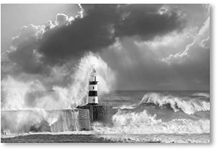 Postereck - 0452 - Leuchtturm, Sturm Unwetter Meer Natur Welle - Wandposter Fotoposter Bilder Wandbild Wandbilder - Leinwand - 100,0 cm x 75,0 cm