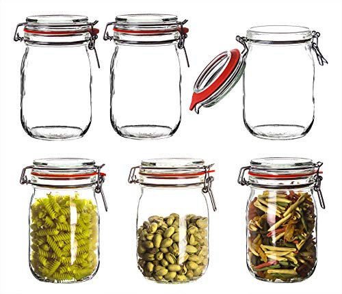 BigDean 6X Vorratsgläser rund mit Bügelverschluss 1 L - Einmachgläser Einkochgläser - Inkl. Gummiring - luftdichte Aufbewahrungsgläser - Draht-Bügelgläser Set - Made in Germany