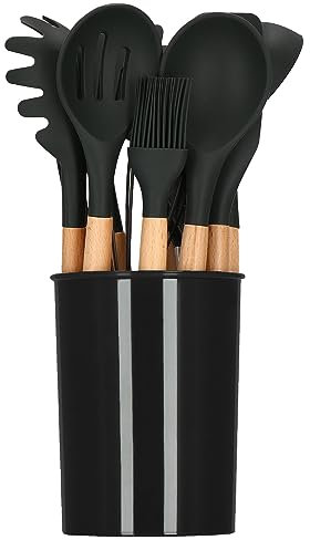 SPRINGOS Lot de 12 ustensiles de cuisine Accessoires pour la cuisine et la pâtisserie, équipement de base en bambou et silicone (noir).