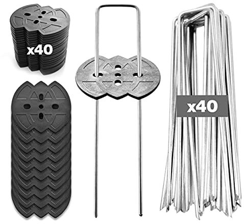 Winfaith 40 Erdanker für Unkrautvlies L150 B30 Ø3 mm mit 40 Kunststoffscheiben Stahl rostfrei EN 10204 3.1 feuerverzinkte Qualität aus Italien - Anti-Rost Garten Bodenanker für Kunstrasen