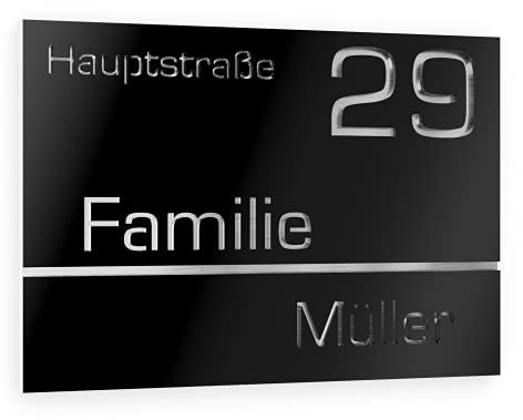 Graviers Design Hausnummer aus V2A Edelstahl 380x264mm - Schwarz - Wetterfest Rostfrei Individuell anpassbar Straße Nummer Familienname - Made in Germany