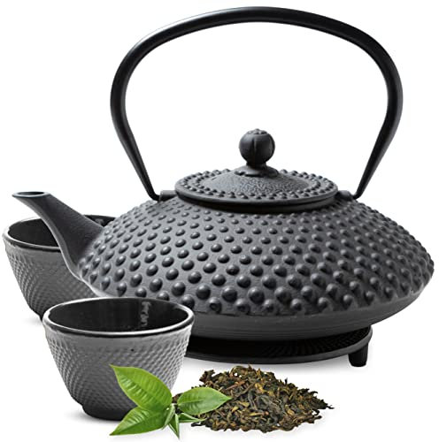 Tealøv TEEKANNE GUSSEISEN SET 1,25 LITER IN GESCHENKBOX | Komplettes Teeservice aus Gusseisen | Gusseiserne Teekanne mit Siebeinsatz, Teetassen & Untersetzer | Teeset im Japanischen Stil | Schwarz