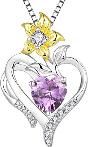 YL Collier Coeur Argent 925 couper Février Pierres de Naissance Améthyste Pendentif Fleur de Lys pour Femme, Chaîne 45+3CM