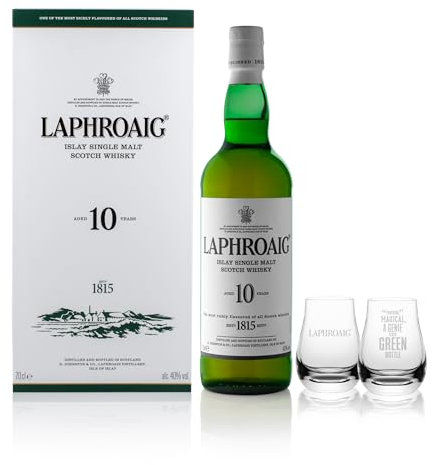 Laphroaig 10 Years Old Double Glass Gift Pack | Scotch | Islay | Single Malt Peated Whisky | Smoky, Salty and Sweet | Gift Box with Two Glasses | 40% ABV | 70cl