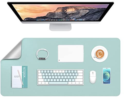 Hsurbtra Desk Pad, 76.2 x 35.5 cm Dual Side PU Leather Large Mouse Pad, Desk Protector, Desk Mat for Desktop, Desk Accessories for Women Office, Desk Supplies for Keyboard and Mouse, Blue and Silver