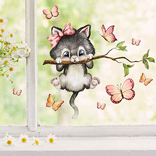 Fensterbild Katze Kätzchen auf Ast Schmetterlinge wiederverwendbar Fensterdeko Fensterbilder Frühling Deko Dekoration bf137 ilka parey wandtattoo-welt®