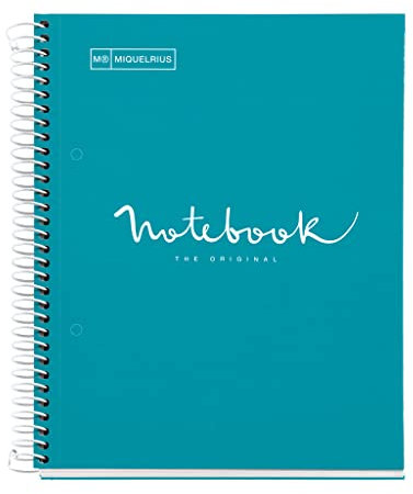 Miquelrius - Notizbuch A5 Notebook, 1 farbiger Streifen, 80 Blatt mit raster 5 x 5 mm, Papier 90 g/m² mikroperforiert mit 2 Bohrungen für 2 Ringe, Einband aus Karton, Farbe Formentera Blau