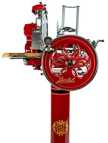 Berkel Aufschnittmaschine - Tribute rot – Wunderschöne Schwungradmaschine mit Standfuß & 100% handgefertigtem Schneidebrett